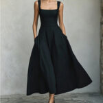 New Womens Square-neck Sleeveless Flared Dress