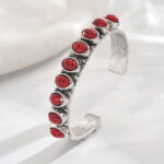 Vintage Oxidized Silver Cuff Bracelet, Linear Oval Simulated Red Vein Stone Wide Open Bangle, Boho Southwest Statement Jewelry For European Spanish Women