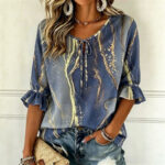 Womens Fashionable Printed V-neck Short-sleeve Top