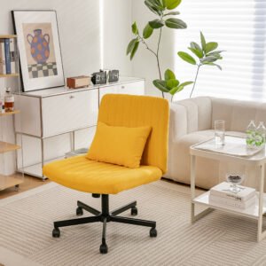 Yellow Linen Criss Cross Armless Office Chair with Wheels - Versatile for Home Office, Meditation & Makeup