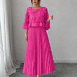 Elegant A-line Pleated Dress With Appliqued Mesh Paneling, Vacation Outfits Women, Summer Outfits For Women