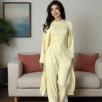Womens Crew-neck Long-sleeve Top And Wide-leg Pants Set