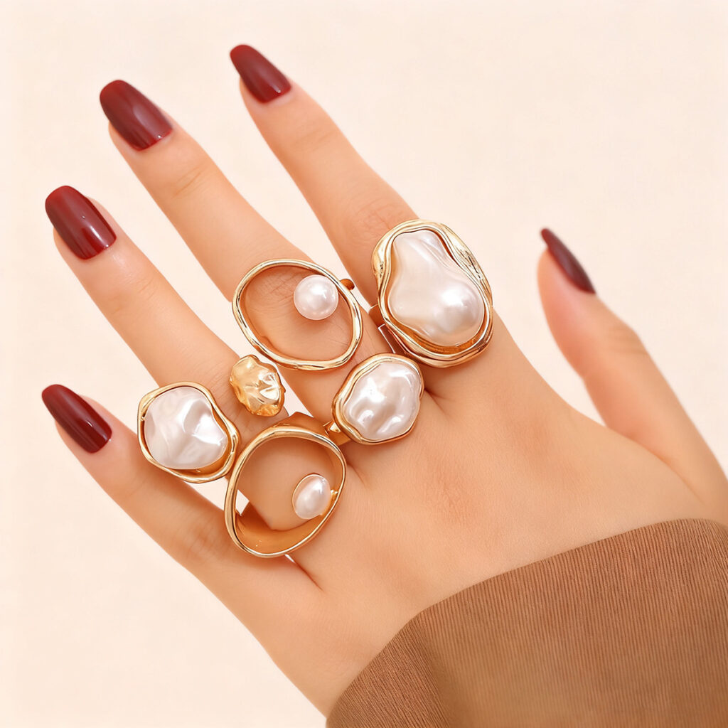 Cross-border European American Minimalist Alloy Irregular Faux Pearl Joint Ring Set For Women, Vintage Stackable Geometric Finger Jewelry