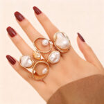 Cross-border European American Minimalist Alloy Irregular Faux Pearl Joint Ring Set For Women, Vintage Stackable Geometric Finger Jewelry