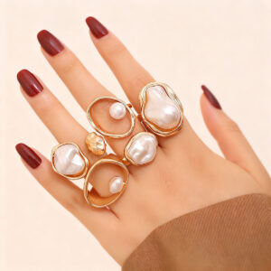 Cross-border European American Minimalist Alloy Irregular Faux Pearl Joint Ring Set For Women, Vintage Stackable Geometric Finger Jewelry