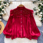 Commuter-style Yellow Ruffled Beaded Lantern-sleeve Blouse