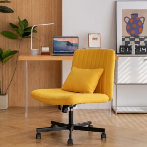 Yellow Linen Criss Cross Armless Office Chair with Wheels - Versatile for Home Office, Meditation & Makeup