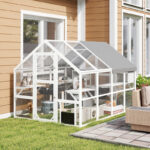 Wooden Catio Outdoor Cat Enclosure With Waterproof Cover, 2 Condos, 6 Platforms, Bridge, Doors, White