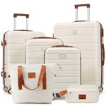 6-Piece Hardside Luggage Set with TSA Lock, 16/20/24/28 Inch Spinner Suitcase Set with Expandable Travel Duffel Bag & Waterproof Toiletry Kit, Adjustable Handle (ivory and brown)