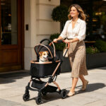 Pet Stroller for Dogs and Cats, 2-in-1 Detachable Foldable 4 Wheels Pet Stroller, Quick One-Hand Fold, Storage Basket, Detachable Carry Basket with Sun Canopy(Black+Gold)