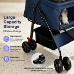 Foldable Pet Stroller for Small Dogs and Cats Under 28 lbs with Multi-Functional Tray, 2 Safety Leashes, Storage Basket & Breathable Mesh, 4 Wheels Pet Stroller, Blue