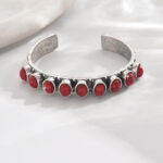 Vintage Oxidized Silver Cuff Bracelet, Linear Oval Simulated Red Vein Stone Wide Open Bangle, Boho Southwest Statement Jewelry For European Spanish Women