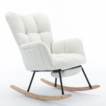 067-Teddy Fabric Leisure Rocking Chair With Adjustable Footstool,Nursery Rocking Chair, High Backrest, Storage Pocket On The Right Side,The Base Rocker Is Solid Wood And Metal,Ivory