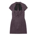 Hepburn-style Square-neck Short-sleeve Polka-dot Short Dress With A Bow Detail