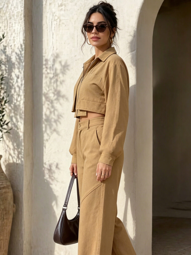 This New Women's Fashionable And Casual Two-piece Set Features A Long-sleeved, Collared, Cropped Top With A Zipper And Elasticated Waist, Paired With Loose-fitting Pants. The Comfortable Design Is Per