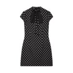 Hepburn-style Square-neck Short-sleeve Polka-dot Short Dress With A Bow Detail