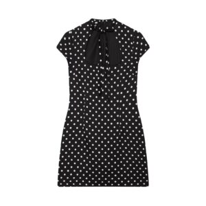 Hepburn-style Square-neck Short-sleeve Polka-dot Short Dress With A Bow Detail