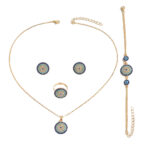 Cross-border European American Women Jewelry Set, Geometric Round Pendant Inlaid Cubic Zirconia, Beaded Bracelet & Adjustable Open Ring, Versatile Daily Neck Wrist Finger Accessories