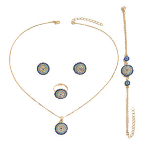 Cross-border European American Women Jewelry Set, Geometric Round Pendant Inlaid Cubic Zirconia, Beaded Bracelet & Adjustable Open Ring, Versatile Daily Neck Wrist Finger Accessories