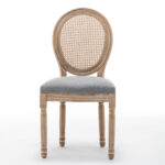 Farmhouse Solid Wood Frame Dining Chairs with Cushioned Linen Seat & Woven Rattan Backrest for Kitchen, Dining Room, Living Room, Grey, Set of 2