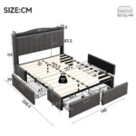 Upholstered Bed, 4ft6 Double Bed 135x190cm, Storage Bed, Soft Backrest, 4 Drawers With Pulleys, Metal Under-bed Bracket, With Bed Slats, Charging Port,For Adults & Teenagers, Linen, Grey No Mattress