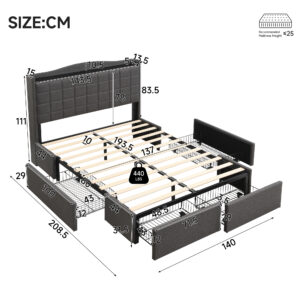 Upholstered Bed, 4ft6 Double Bed 135x190cm, Storage Bed, Soft Backrest, 4 Drawers With Pulleys, Metal Under-bed Bracket, With Bed Slats, Charging Port,For Adults & Teenagers, Linen, Grey No Mattress