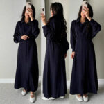 Womens Elegant Solid-color Shirt Single-breasted Lace-up Dress