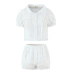 Ruffle-detail Blouse Tiered Lace-panel Shorts Set