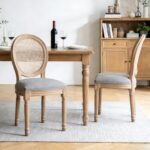 Farmhouse Solid Wood Frame Dining Chairs with Cushioned Linen Seat & Woven Rattan Backrest for Kitchen, Dining Room, Living Room, Grey, Set of 2
