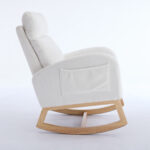 015B-Teddy Fabric Leisure Rocking Chair,Nursery Rocking Chair With Adjustable Footstool,Thickened Headrest And High Backrest, Storage Pocket On The Right Side,The Base Rocker Is Solid Wood,White