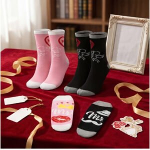 Matching Socks For Couples (2 Pairs), Romantic Partner Socks In Pink And Black, Original Wedding Gift For The Bride And Groom, Fun Couple Socks For Engagement And Wedding Party Decorations
