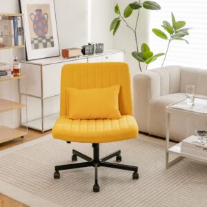 Yellow Linen Criss Cross Armless Office Chair with Wheels - Versatile for Home Office, Meditation & Makeup