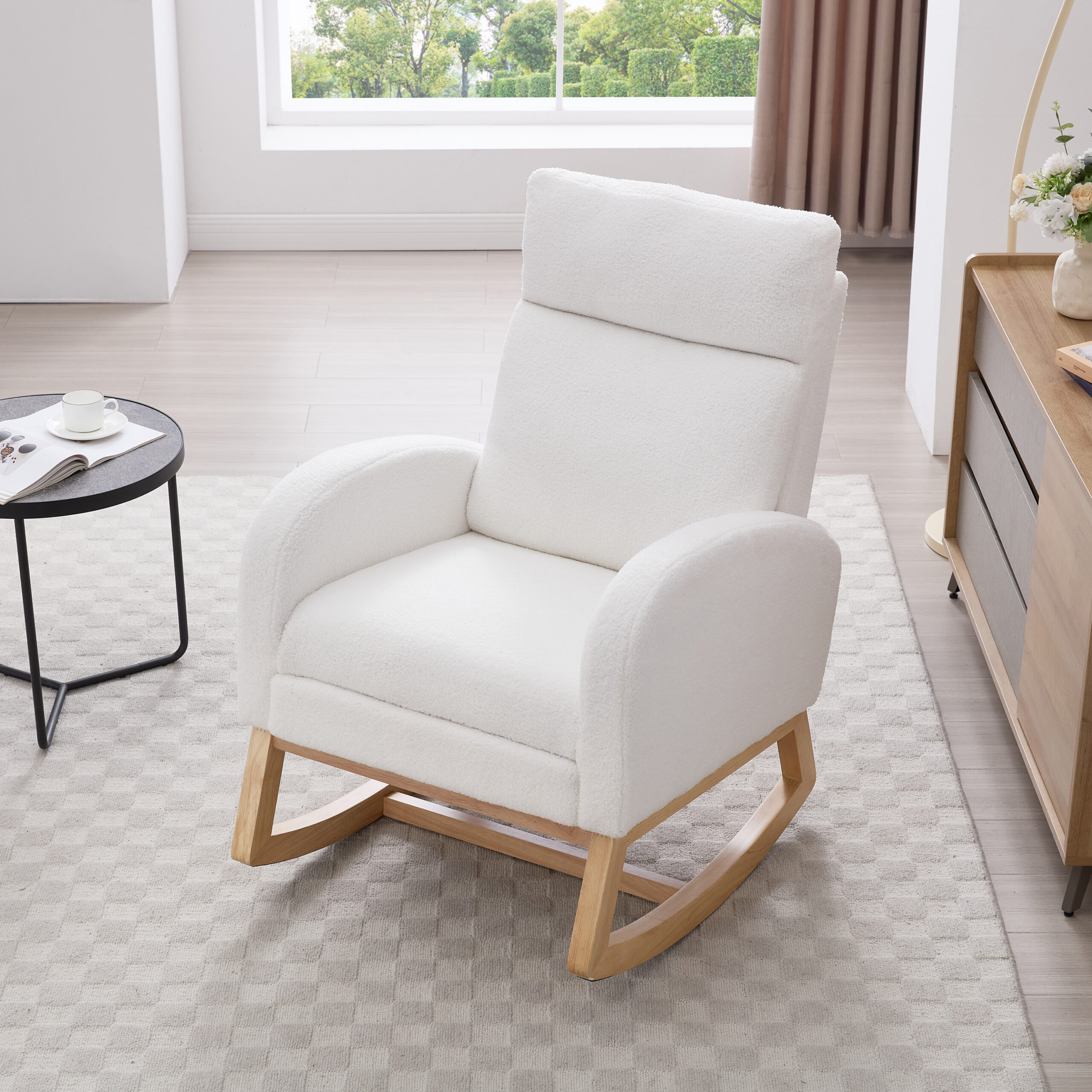 015B-Teddy Fabric Leisure Rocking Chair,Nursery Rocking Chair With Adjustable Footstool,Thickened Headrest And High Backrest, Storage Pocket On The Right Side,The Base Rocker Is Solid Wood,White - Image 25