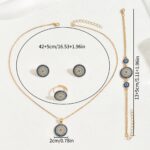 Cross-border European American Women Jewelry Set, Geometric Round Pendant Inlaid Cubic Zirconia, Beaded Bracelet & Adjustable Open Ring, Versatile Daily Neck Wrist Finger Accessories