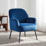 Velvet Accent Chair, Modern Upholstered Living Room Chairs, Luxury Single Sofa Armchair with Metal Legs, Comfy Barrel Chairs for Living Room, Waiting Room, Bedroom, Office and Cafe, Blue