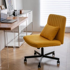 Yellow Linen Criss Cross Armless Office Chair with Wheels - Versatile for Home Office, Meditation & Makeup