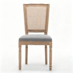 Farmhouse Solid Wood Frame Dining Chairs with Cushioned Linen Seat & Woven Rattan Tapered Backrest for Kitchen, Dining Room, Living Room, Grey, Set of 2