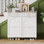 Narrow Shoe Cabinet With 4 Flip Doors And 2 Drawers, Adjustable Shelves, Metal Handles, Top Shelf For Organized Storage, Space-Saving Storage For 16-20 Pairs, White, 106.5 X 25 X 105.5 Cm