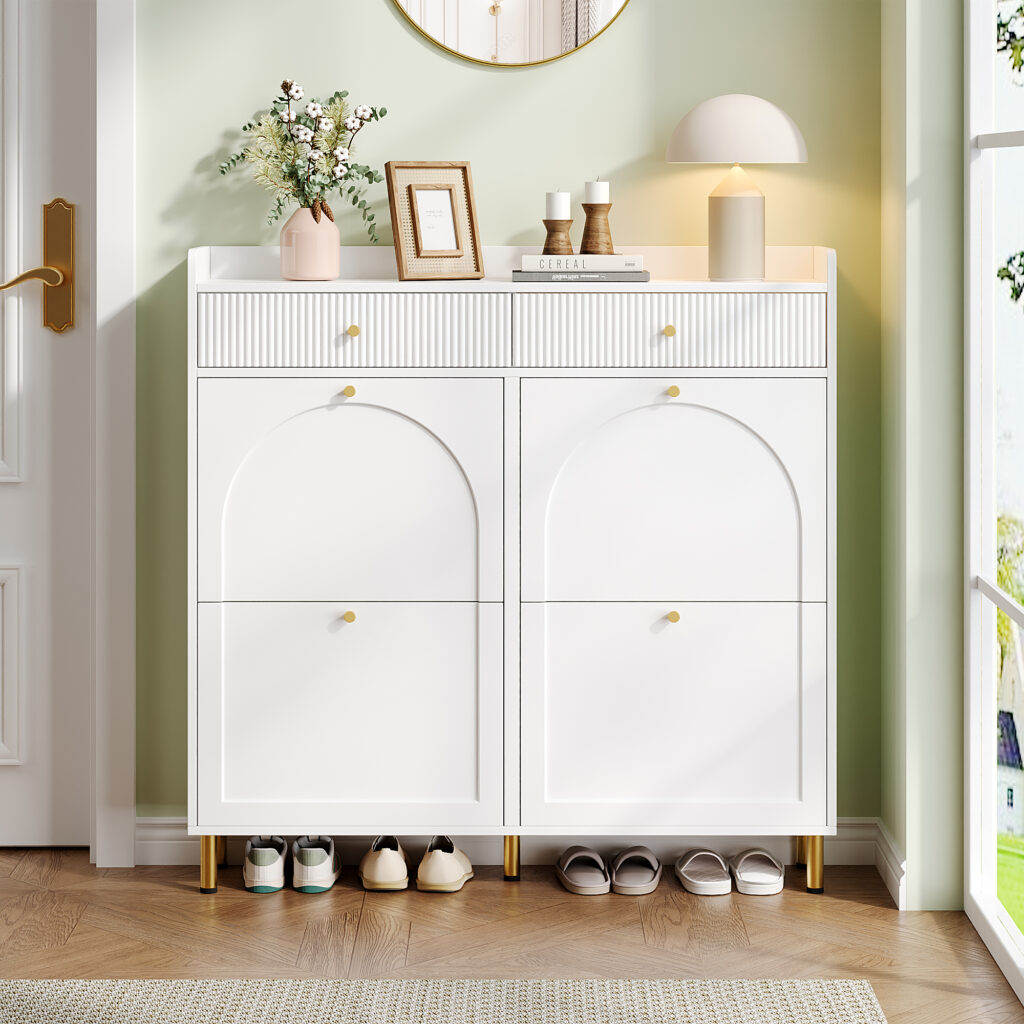 Narrow Shoe Cabinet With 4 Flip Doors And 2 Drawers, Adjustable Shelves, Metal Handles, Top Shelf For Organized Storage, Space-Saving Storage For 16-20 Pairs, White, 106.5 X 25 X 105.5 Cm