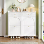 Narrow Shoe Cabinet With 4 Flip Doors And 2 Drawers, Adjustable Shelves, Metal Handles, Top Shelf For Organized Storage, Space-Saving Storage For 16-20 Pairs, White, 106.5 X 25 X 105.5 Cm