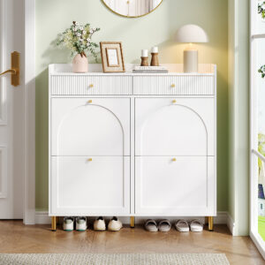 Narrow Shoe Cabinet With 4 Flip Doors And 2 Drawers, Adjustable Shelves, Metal Handles, Top Shelf For Organized Storage, Space-Saving Storage For 16-20 Pairs, White, 106.5 X 25 X 105.5 Cm