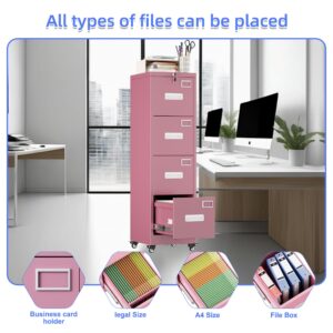 METAN 4 Drawer File Cabinet On Wheels, Lockable Metal Filing Cabinet With Handle And Name Card For Office Home,Assembly Required,Pink