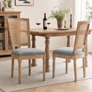 Farmhouse Solid Wood Frame Dining Chairs with Cushioned Linen Seat & Woven Rattan Tapered Backrest for Kitchen, Dining Room, Living Room, Grey, Set of 2
