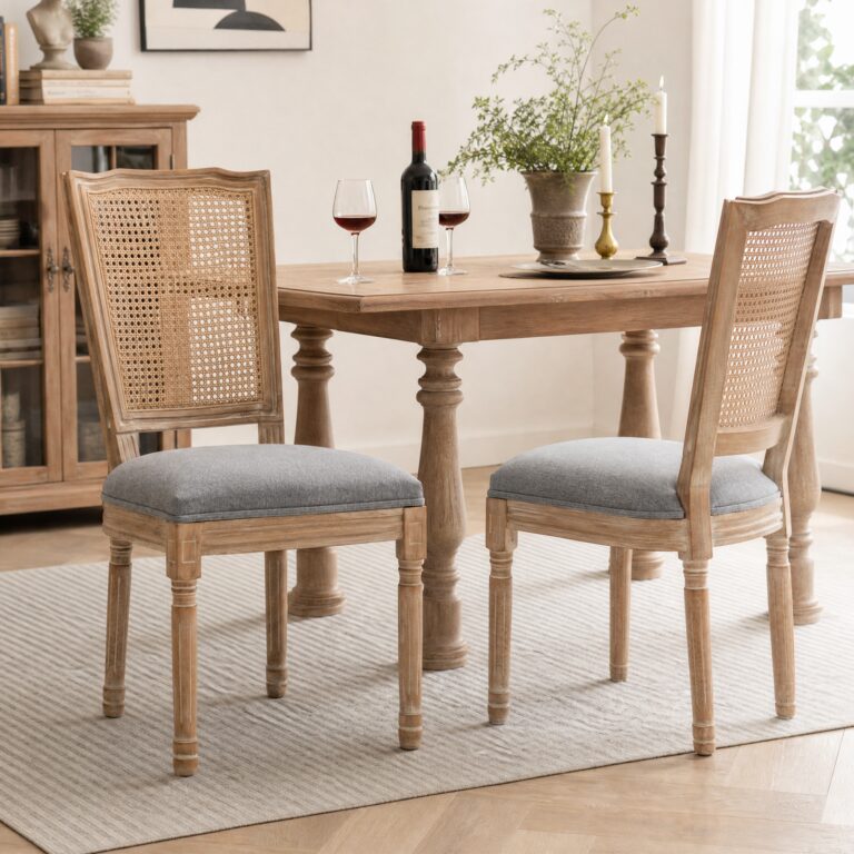 Farmhouse Solid Wood Frame Dining Chairs with Cushioned Linen Seat & Woven Rattan Tapered Backrest for Kitchen, Dining Room, Living Room, Grey, Set of 2