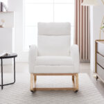 015B-Teddy Fabric Leisure Rocking Chair,Nursery Rocking Chair With Adjustable Footstool,Thickened Headrest And High Backrest, Storage Pocket On The Right Side,The Base Rocker Is Solid Wood,White