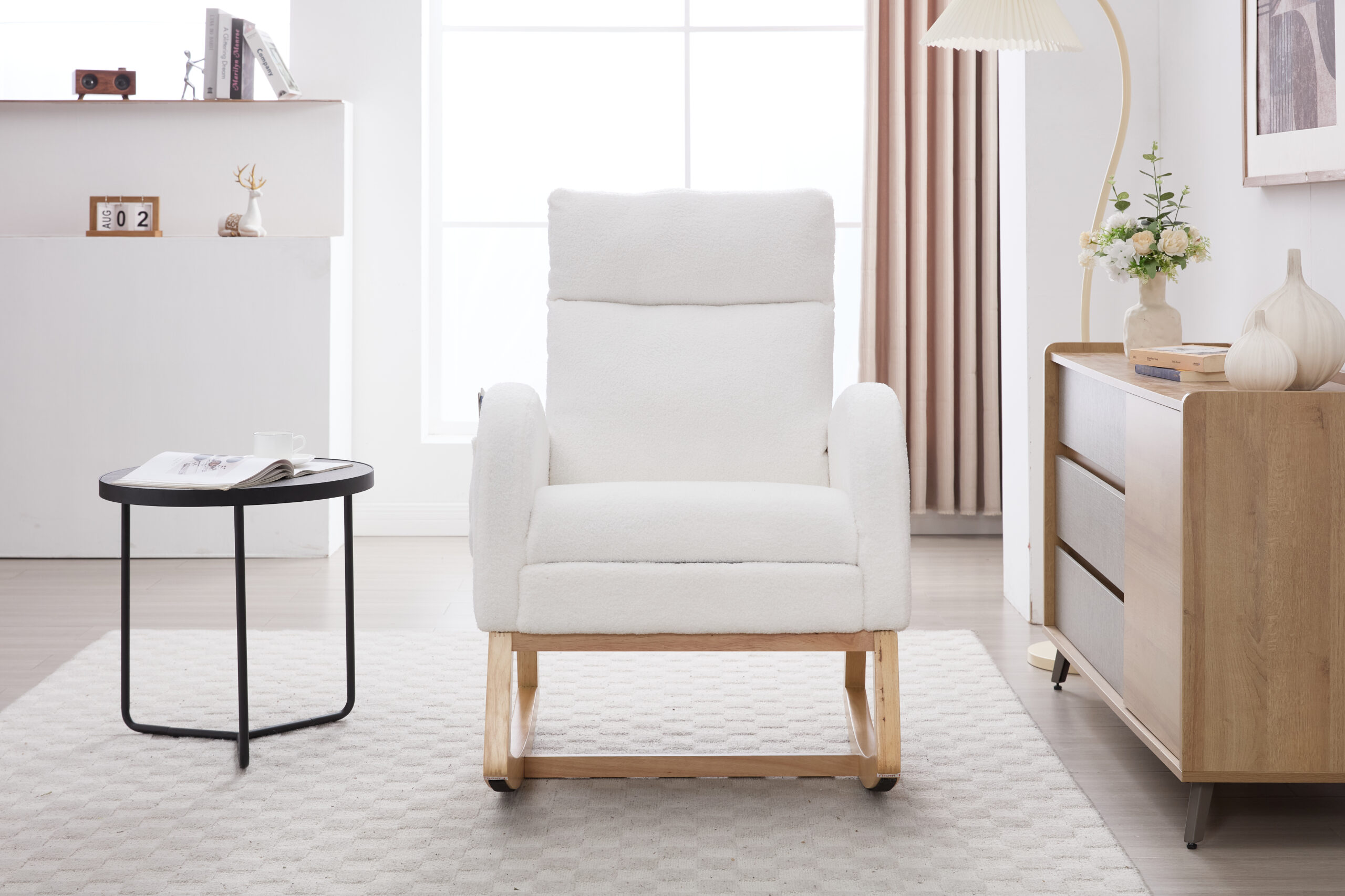 015B-Teddy Fabric Leisure Rocking Chair,Nursery Rocking Chair With Adjustable Footstool,Thickened Headrest And High Backrest, Storage Pocket On The Right Side,The Base Rocker Is Solid Wood,White - Image 6