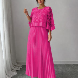 Elegant A-line Pleated Dress With Appliqued Mesh Paneling, Vacation Outfits Women, Summer Outfits For Women