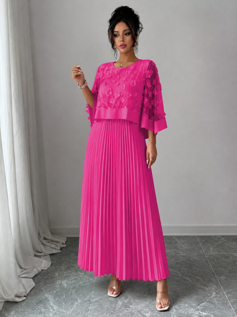 Elegant A-line Pleated Dress With Appliqued Mesh Paneling, Vacation Outfits Women, Summer Outfits For Women