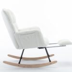 067-Teddy Fabric Leisure Rocking Chair With Adjustable Footstool,Nursery Rocking Chair, High Backrest, Storage Pocket On The Right Side,The Base Rocker Is Solid Wood And Metal,Ivory