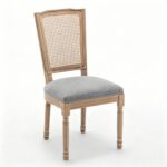 Farmhouse Solid Wood Frame Dining Chairs with Cushioned Linen Seat & Woven Rattan Tapered Backrest for Kitchen, Dining Room, Living Room, Grey, Set of 2